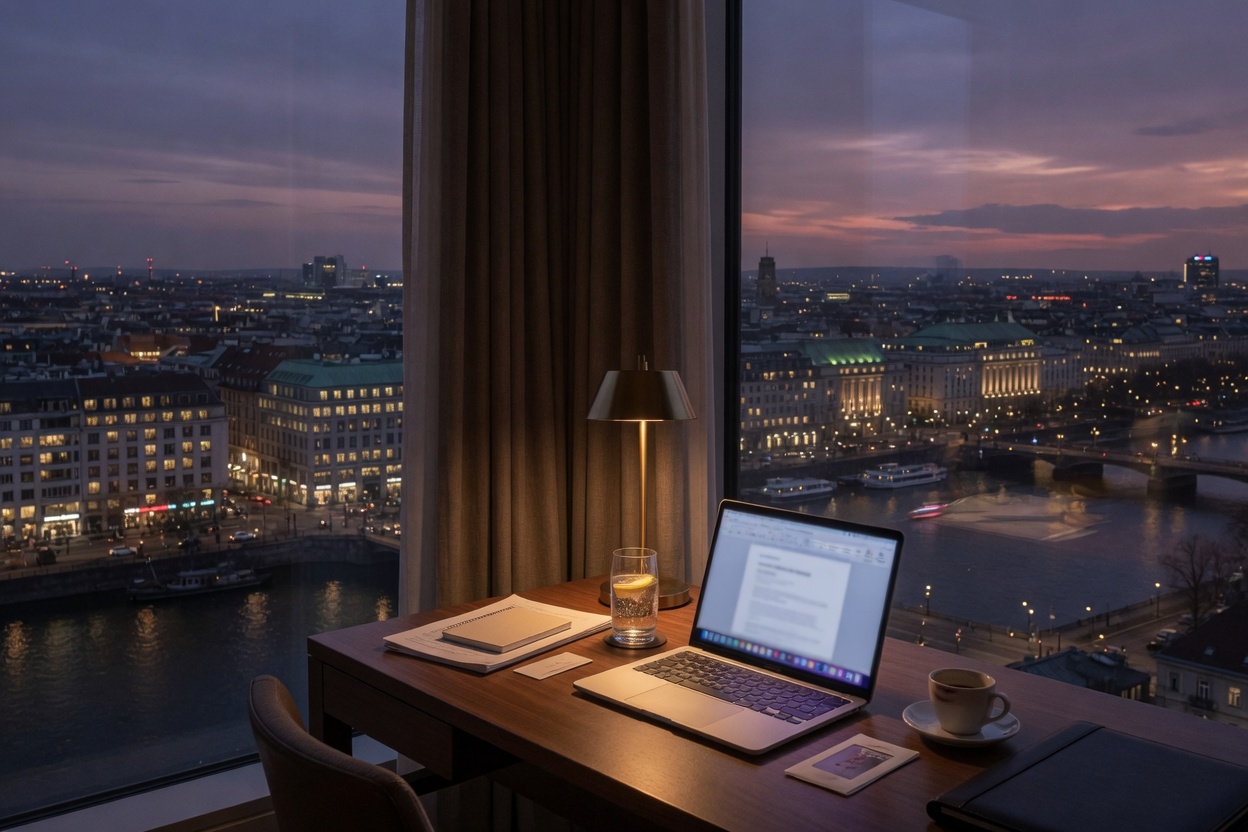 Laptop on a hotel desk looking out on a city at dusk