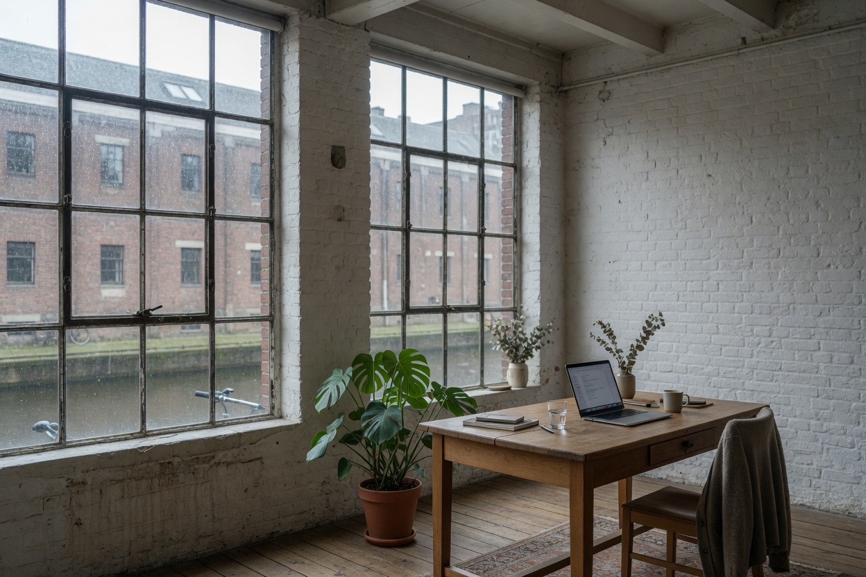 Quiet one-person studio with a large industrial window
