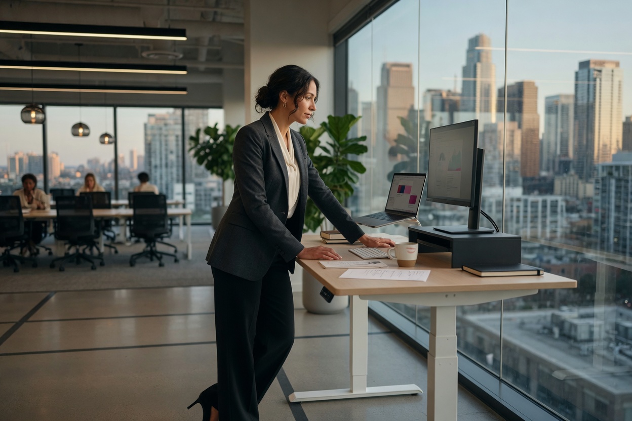 Office worker at a standing desk beside a glass wall