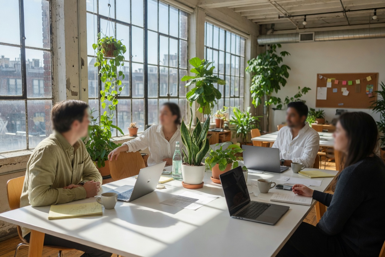 Small team talking around a loft office table