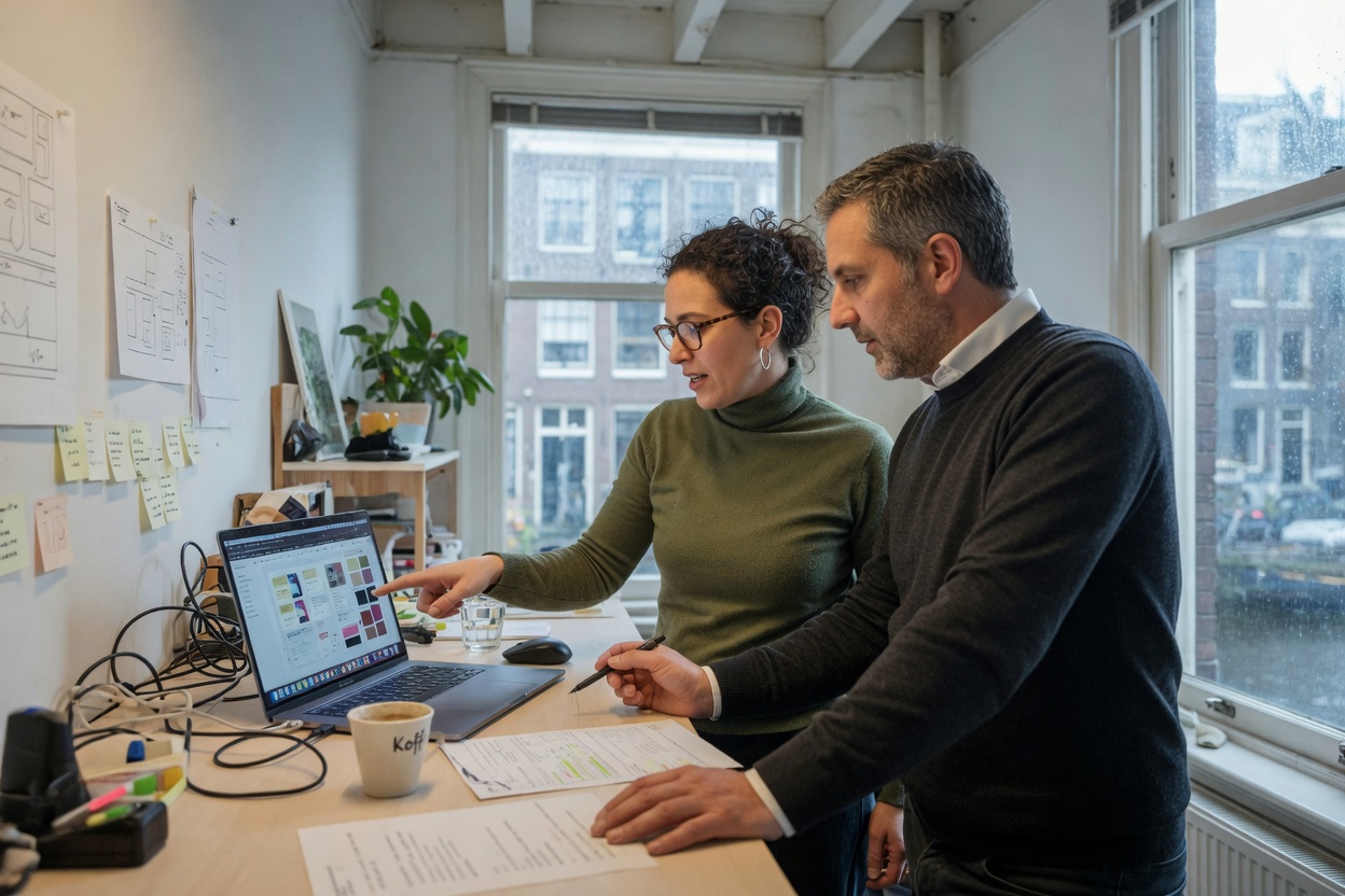 Two colleagues reviewing a laptop together at a standing desk
