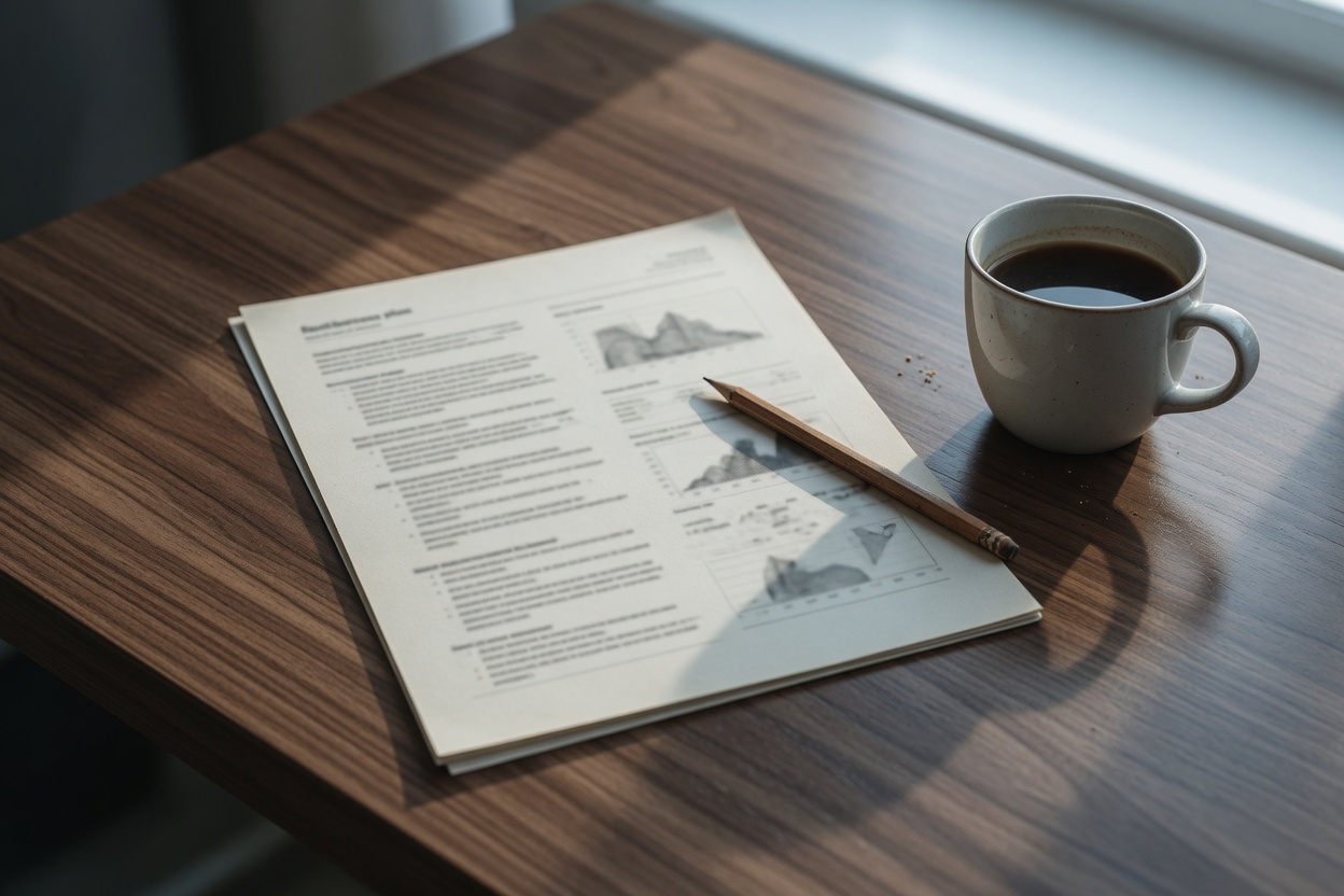 Printed plan and coffee cup on a walnut desk