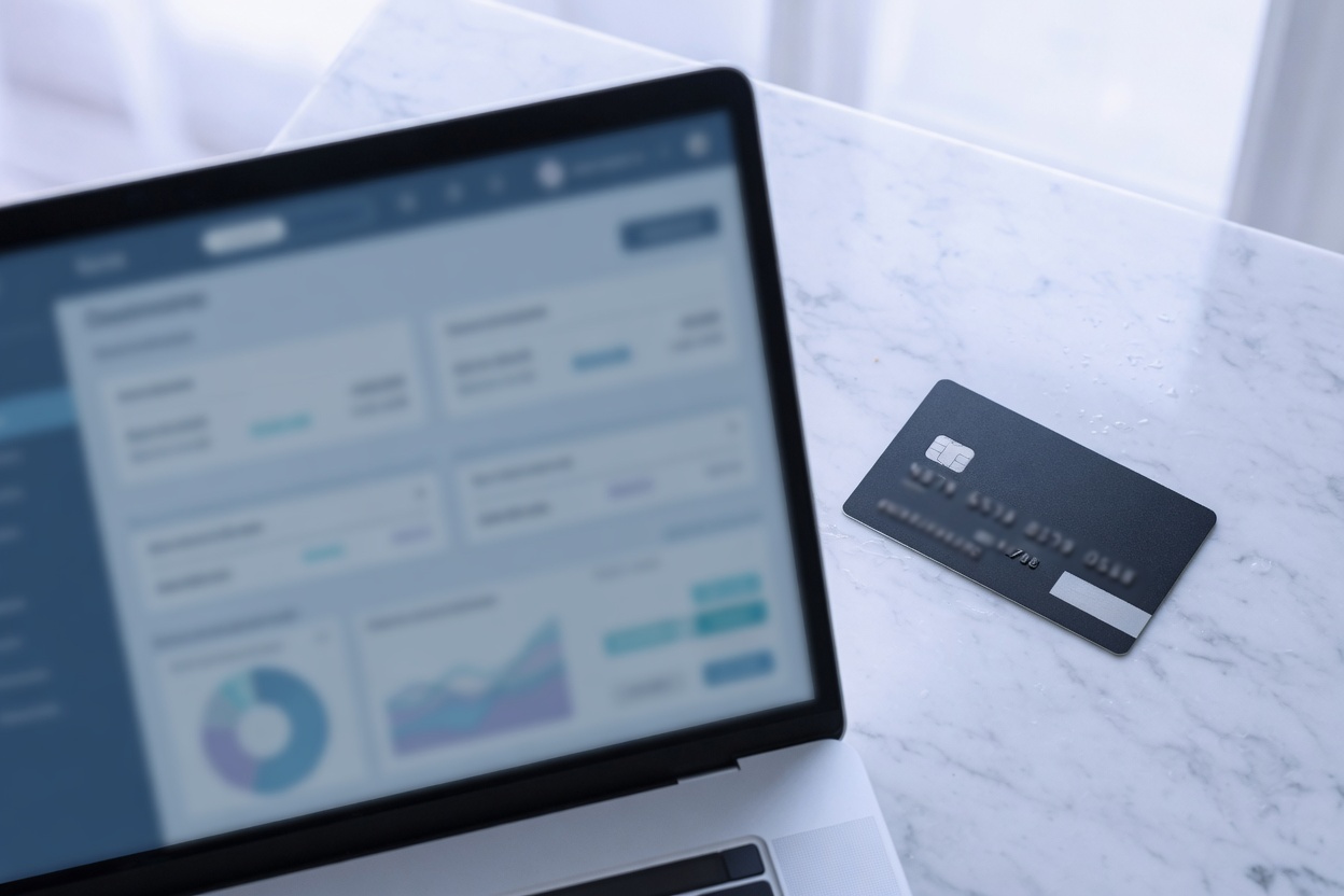 Laptop and payment card on a marble desk