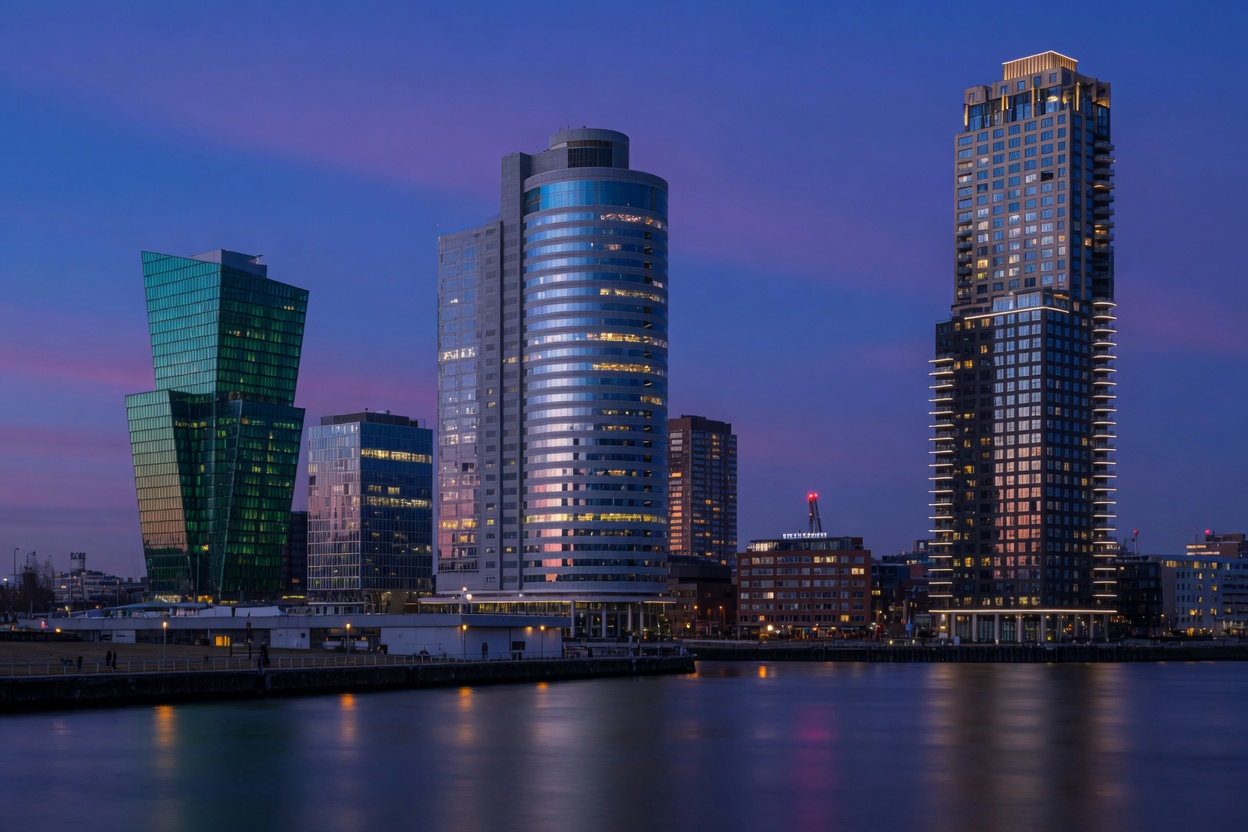 Riverfront office towers at blue hour