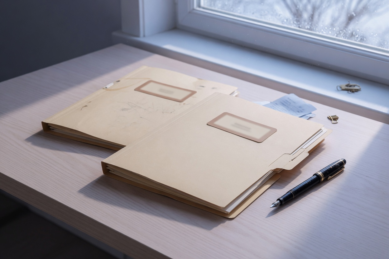 Two document folders and a fountain pen on a desk