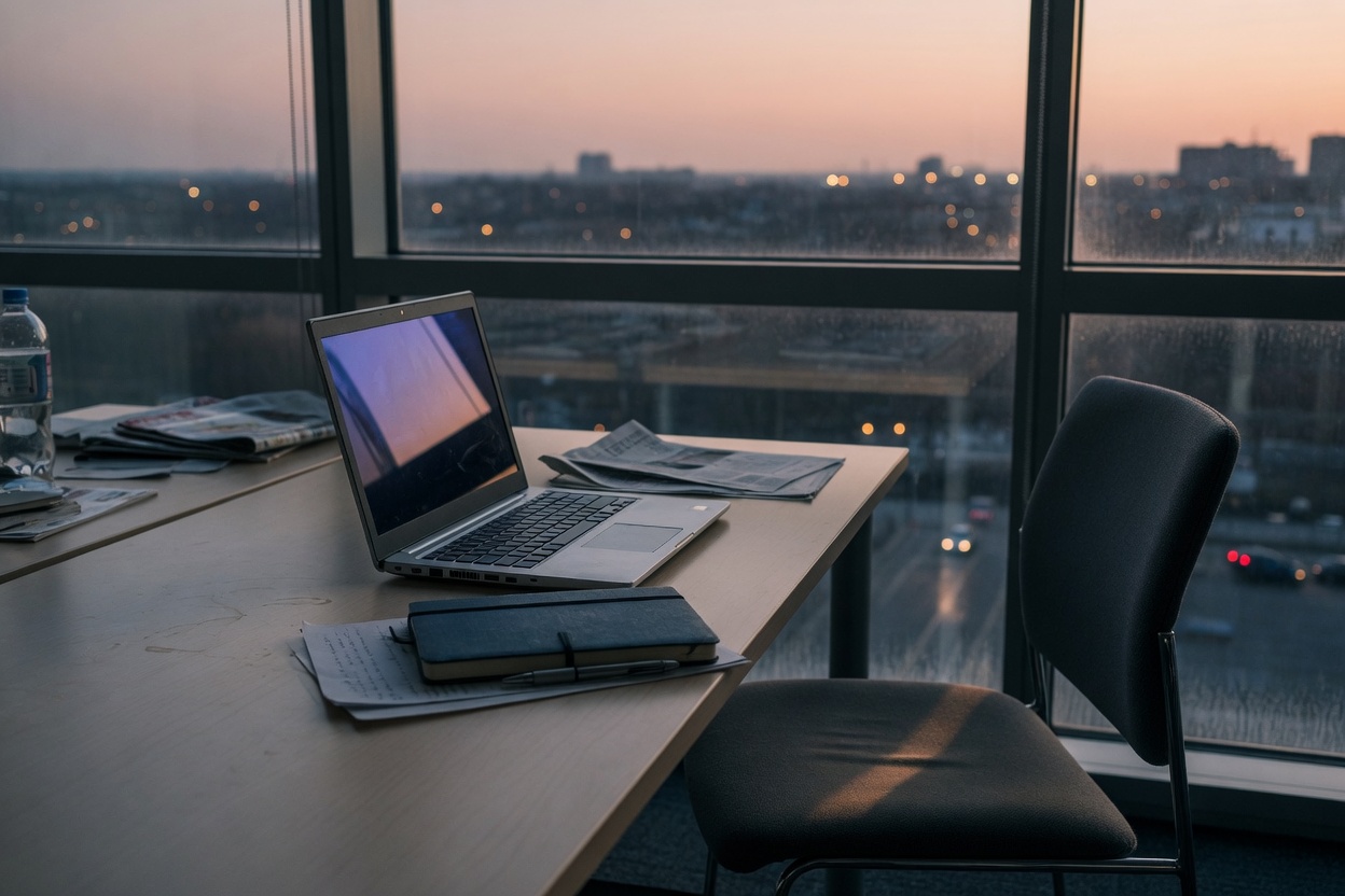 Open laptop and notebook on a shared office desk after hours