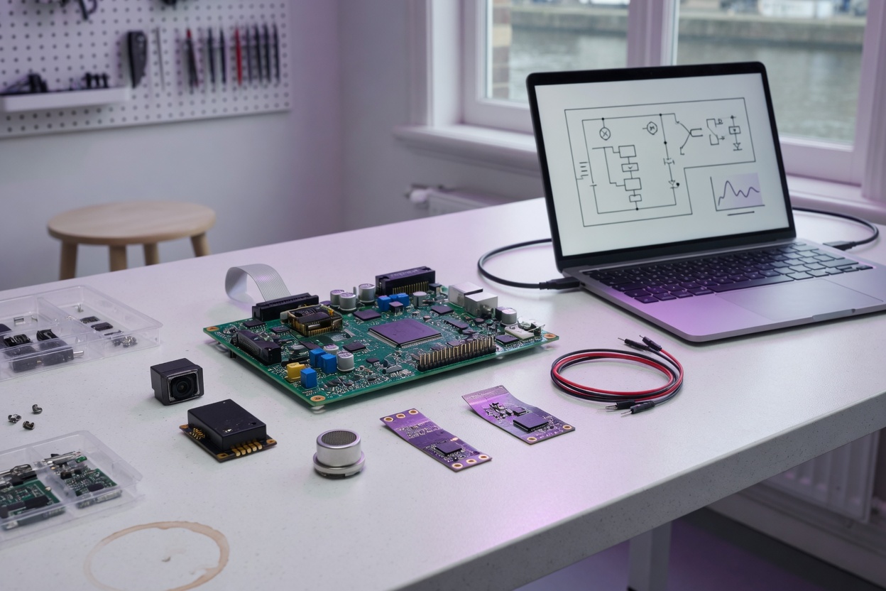 Electronics prototype and tools on a studio workbench