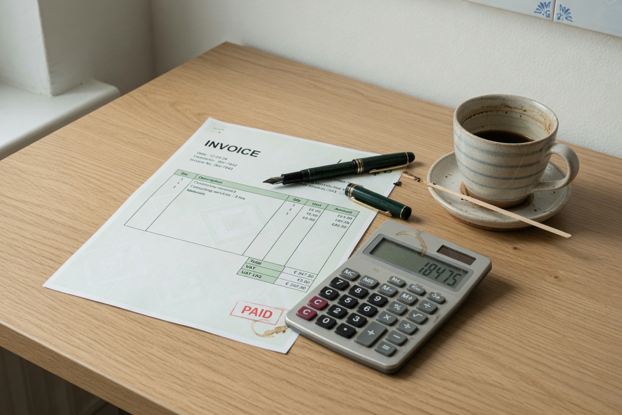 Printed invoice and calculator on a light oak desk