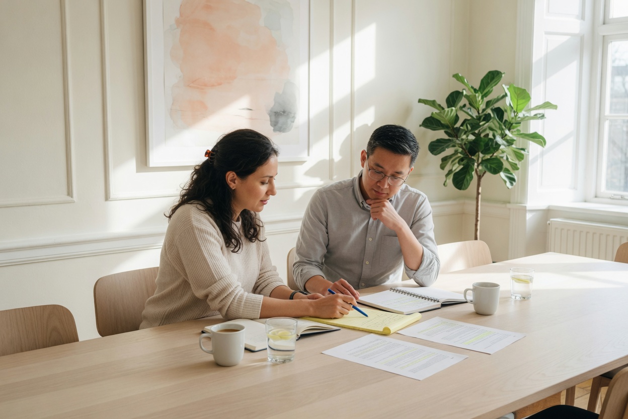 Two colleagues reviewing notes together at a meeting table