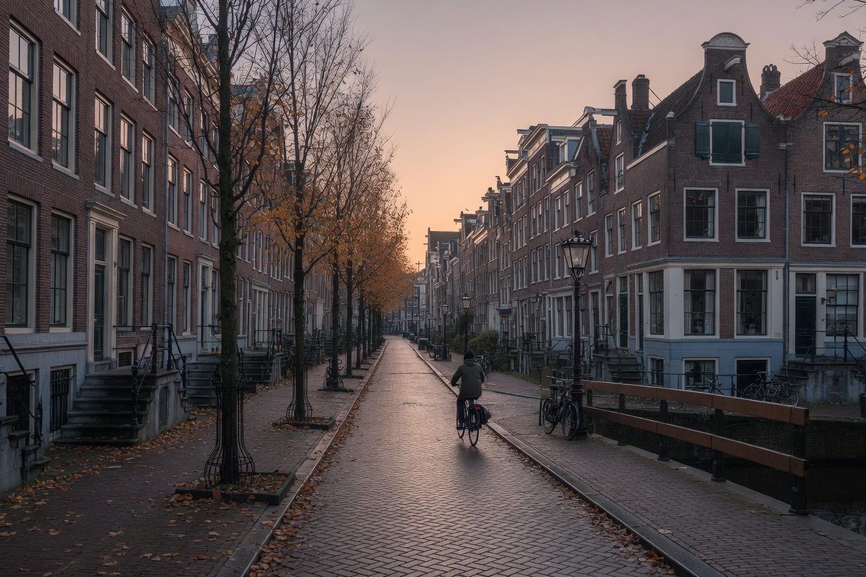 Autumn brick houses and trees on an Amsterdam street