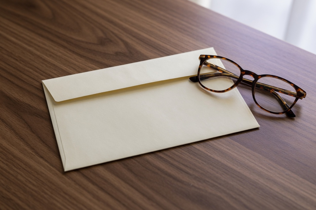 Cream envelope and glasses on a wooden desk