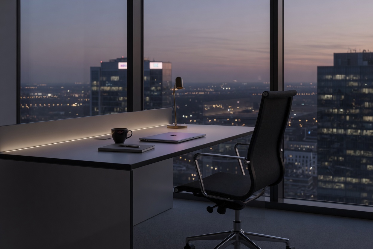Empty office chair pulled back from a desk after hours