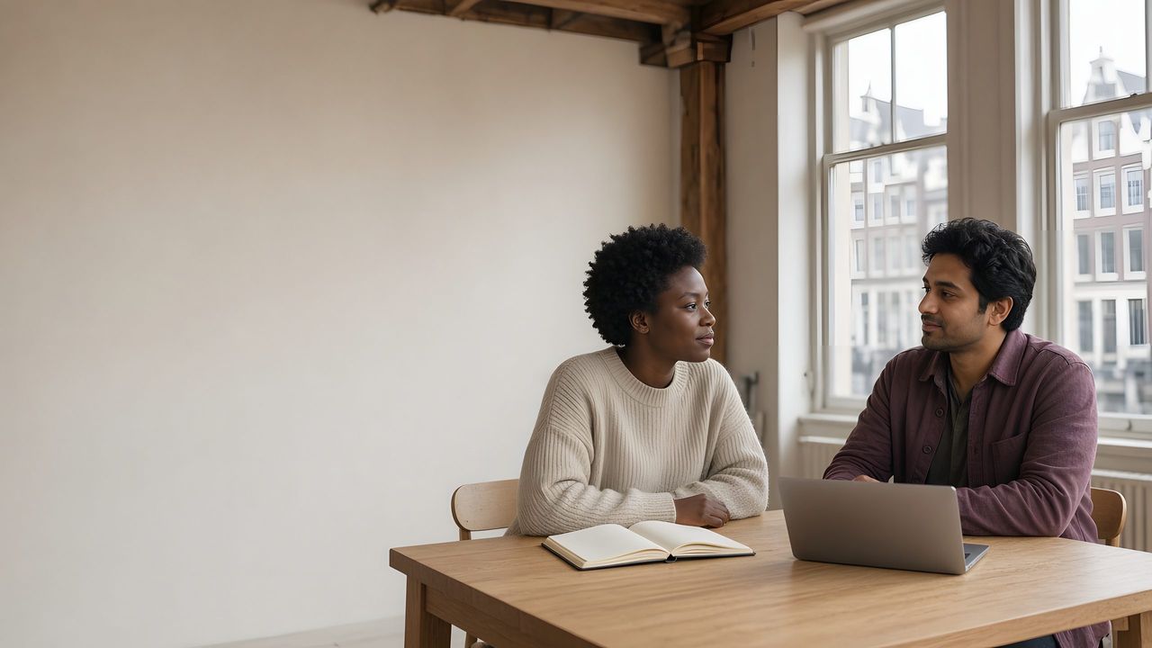 運河沿いの家のロフトで、木のテーブルを囲んで話す2人の共同創業者