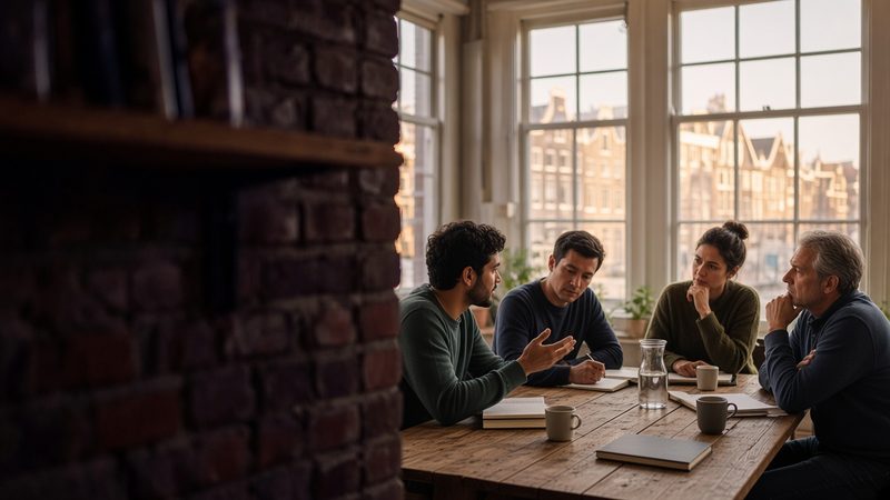 Founders in a focused discussion around a long table by tall canal-house windows at a community evening