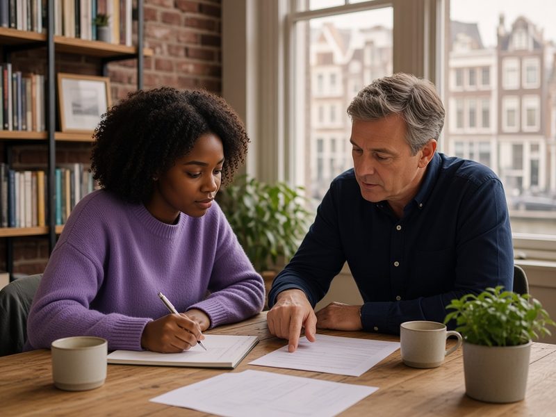 A founder taking notes while a Dutch advisor talks her through a document at a table by a canal-side window