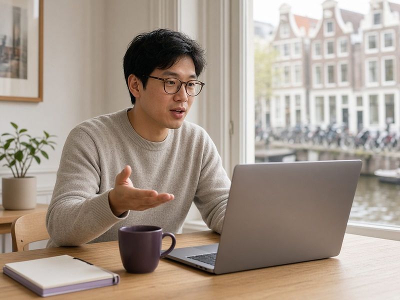 A founder on a video call at a home desk with a canal view
