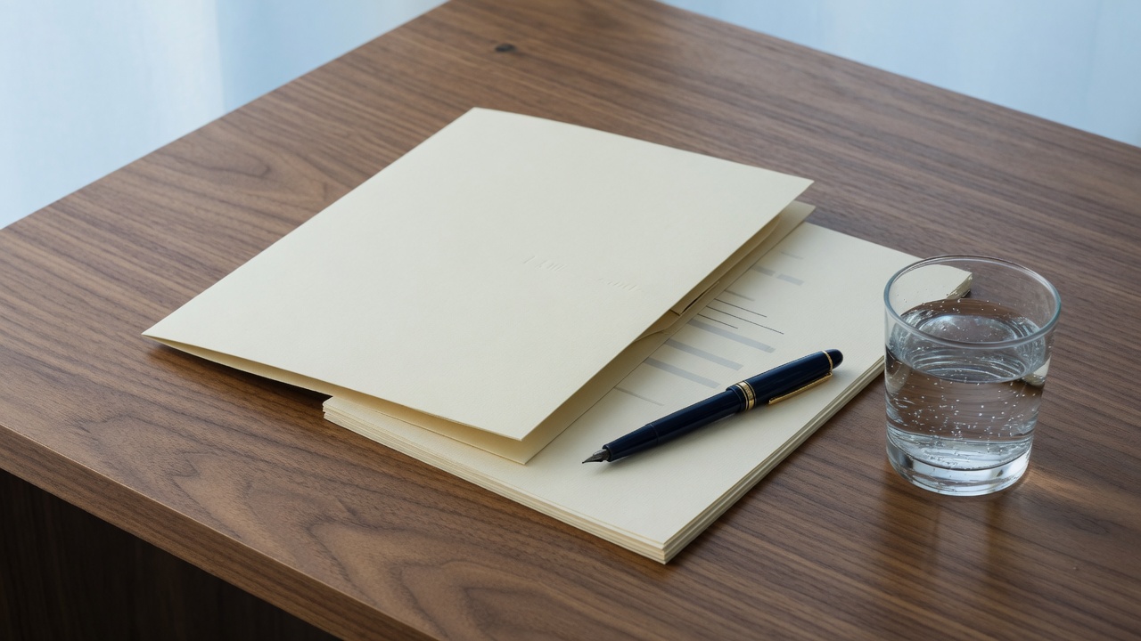 A neat application dossier and fountain pen on a walnut desk