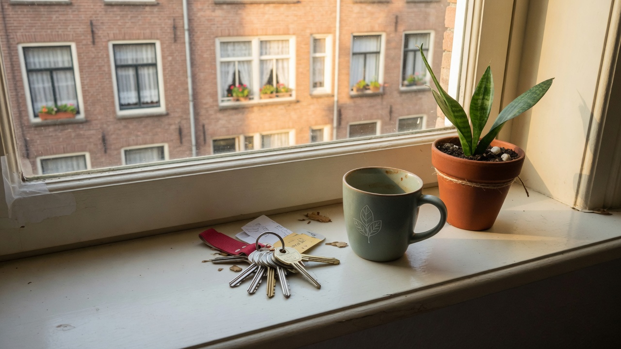 House keys and a plant on a windowsill overlooking brick apartments