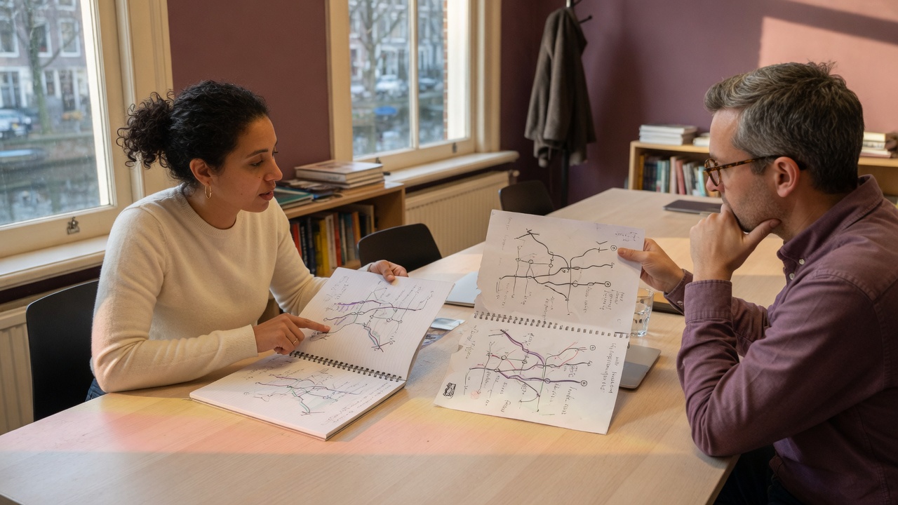 Two people comparing route options at a meeting table